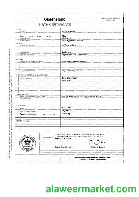 Australia Queensland birth certificate template in Word